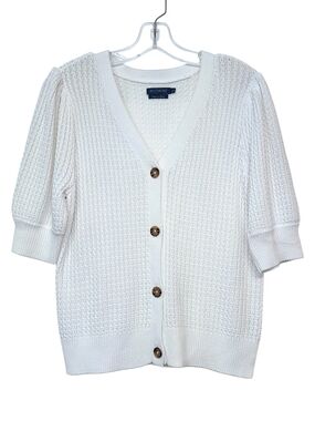Biltmore White Knit Puff Sleeve Cardigan Sweater Medium V-Neck Button Front